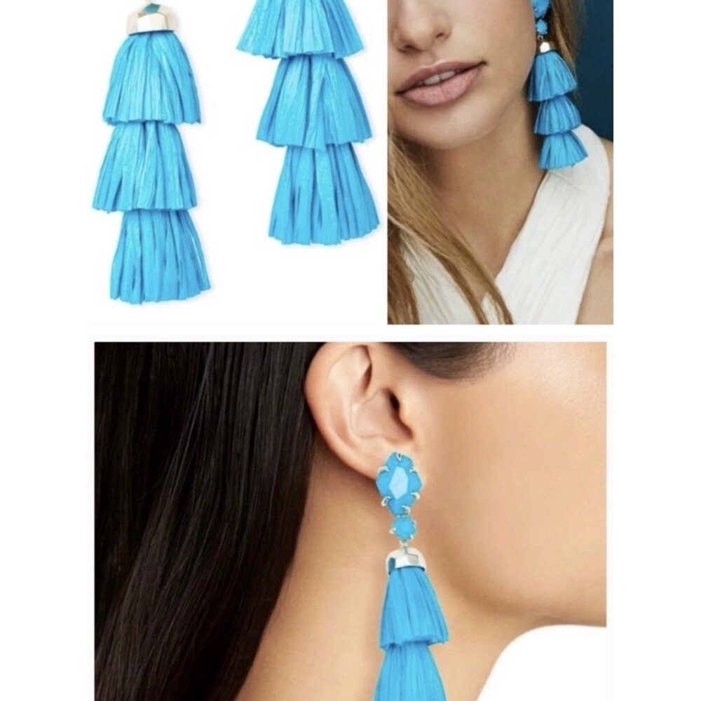 Kendra Scott Denise Statement Tassel Earrings – Blue Raffia (NWT Without Tags)